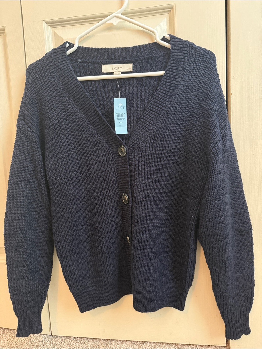LOFT Navy Chunky V‑Neck Button Cardigan